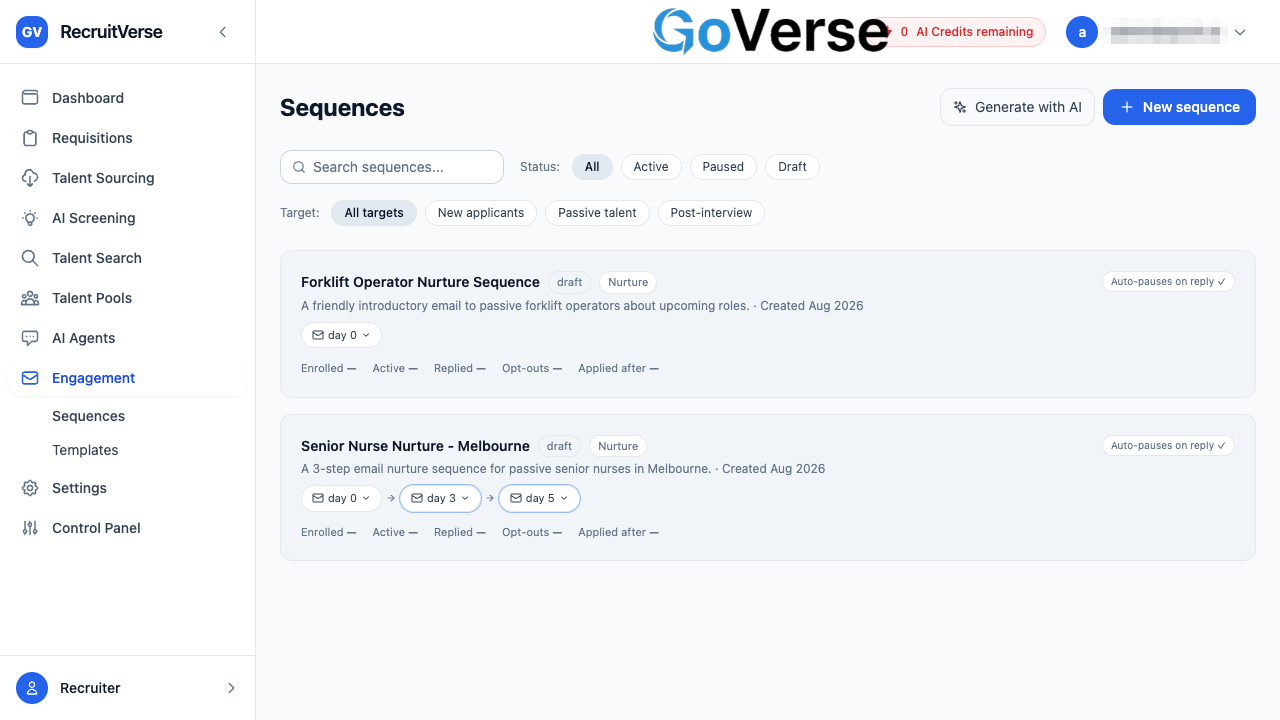 Sequences page with the Generate with AI button