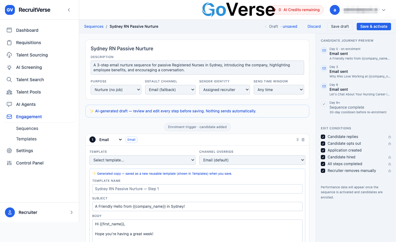 Editor with the generated copy and editable template name