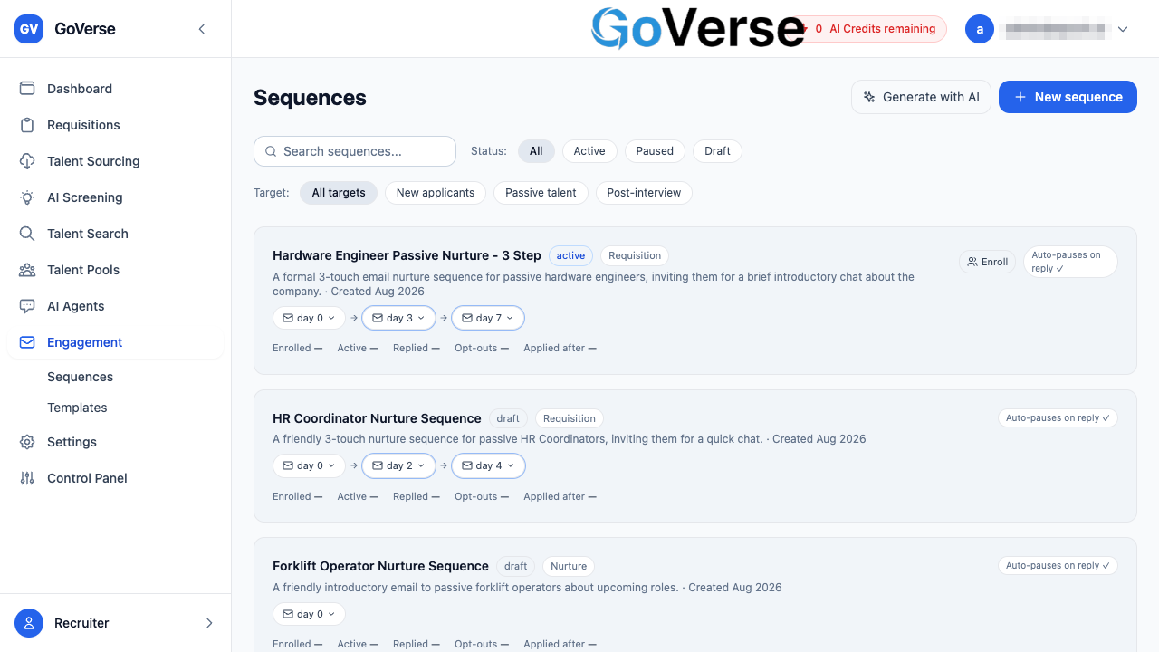 The Sequences list with status and target filters