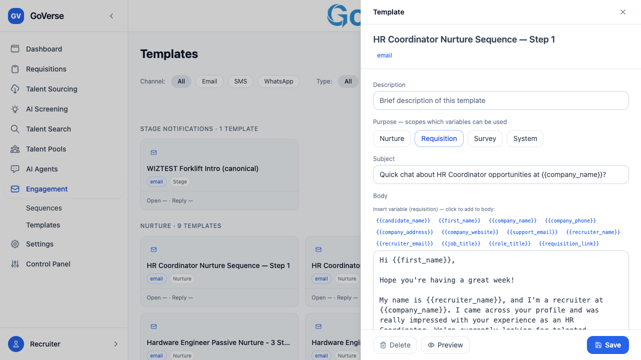 The template editor — subject, body and variables
