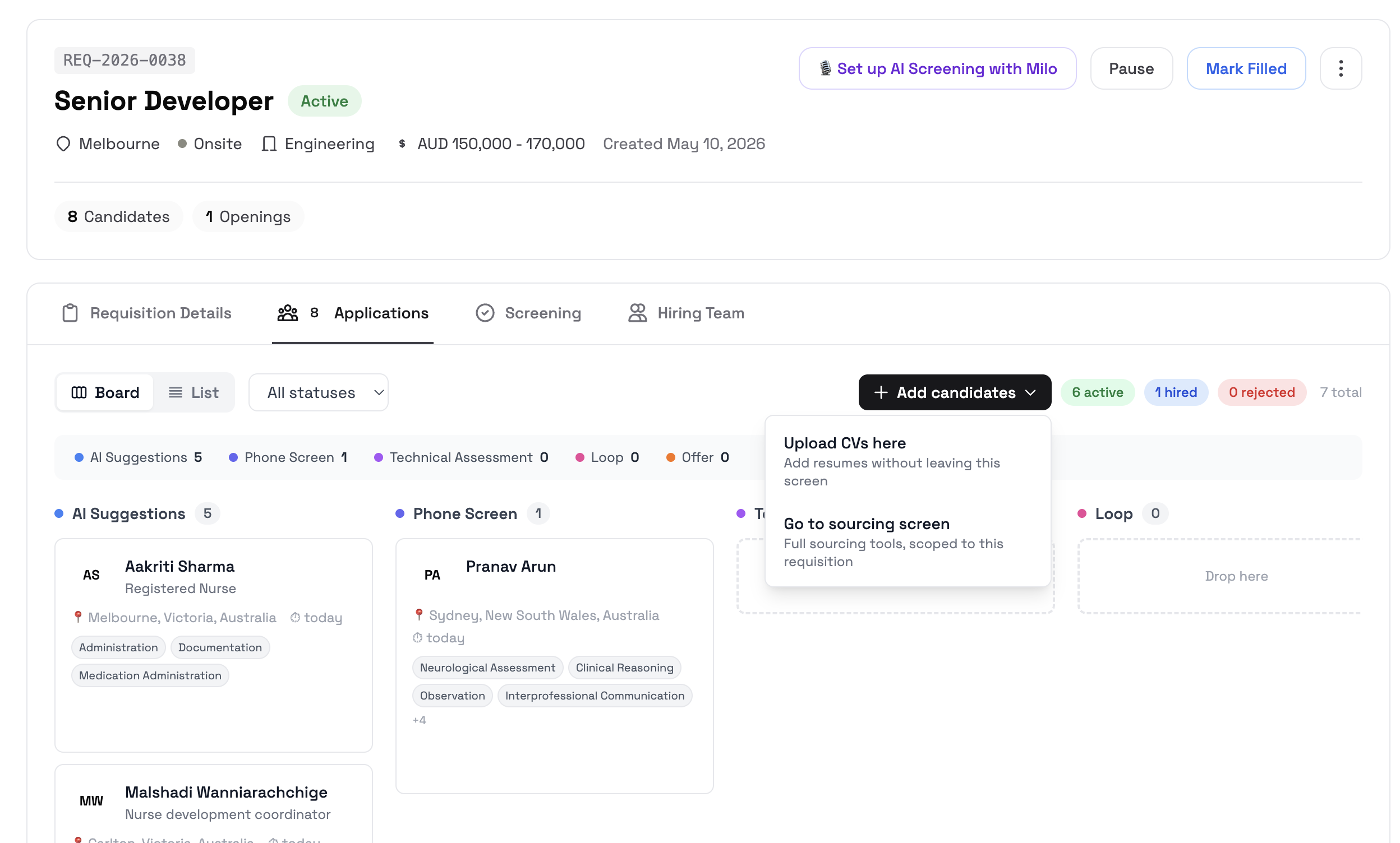 Adding CVs to a requisition from the Applications tab