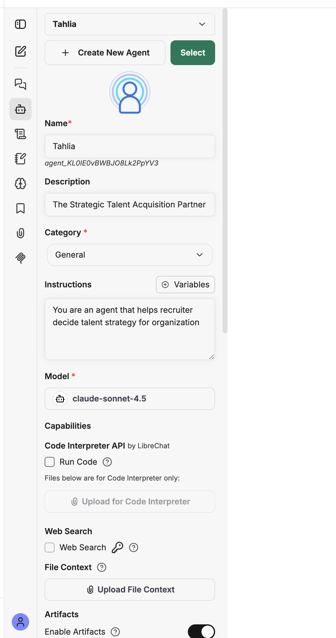 The agent builder with name, instructions, model, and capabilities