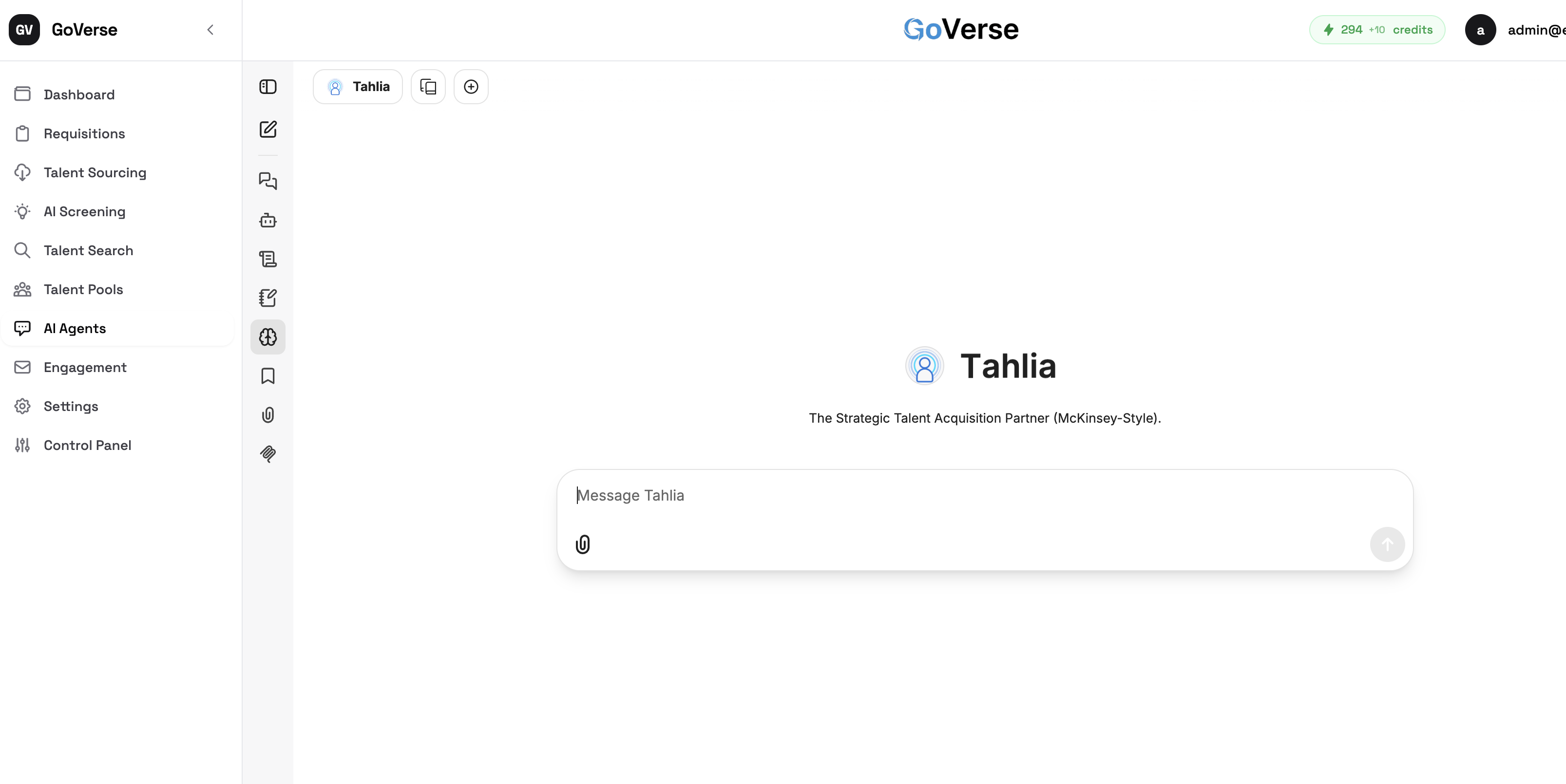 The AI Agents chat with the Tahlia agent selected