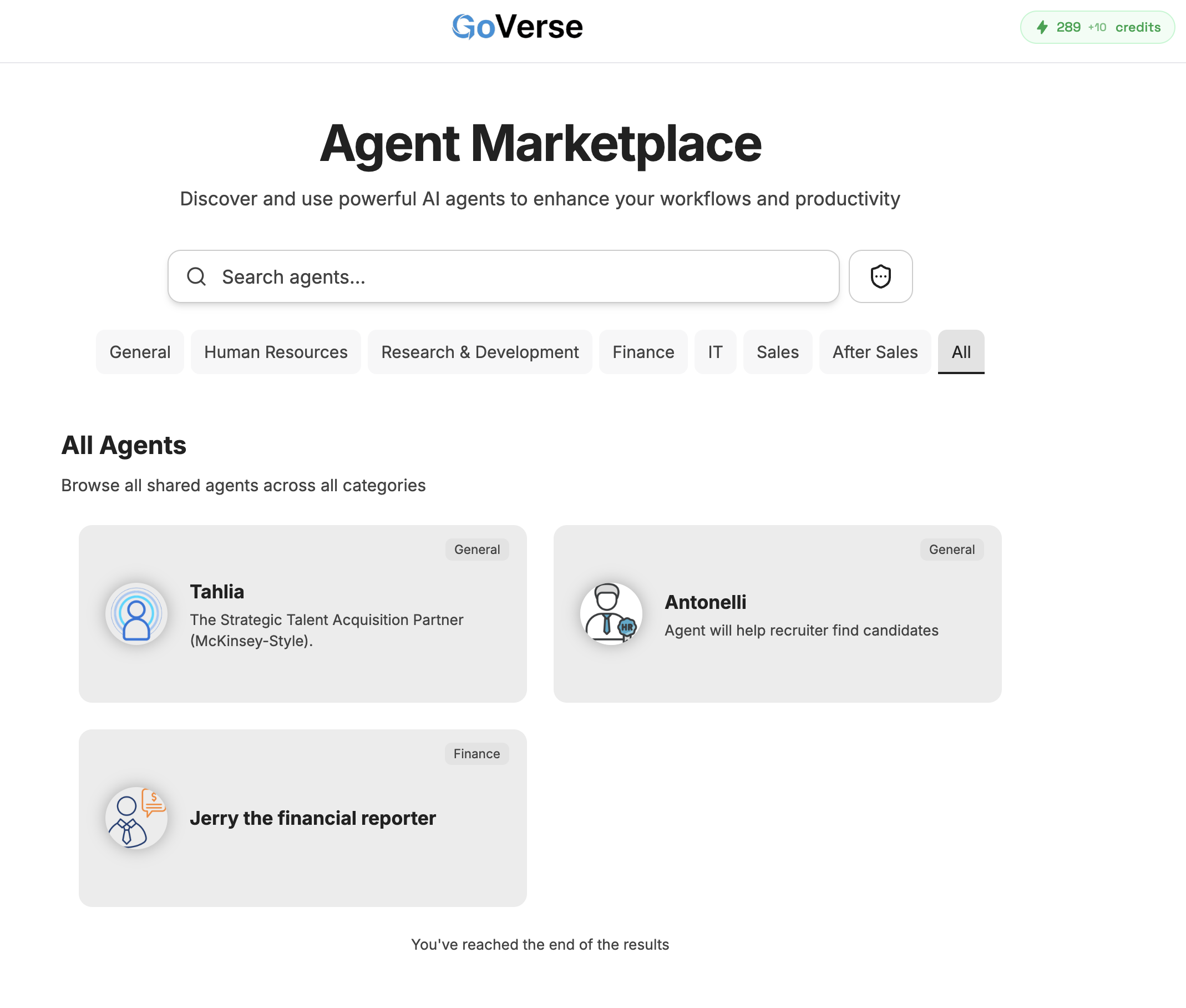 The Agent Marketplace listing shared agents by category