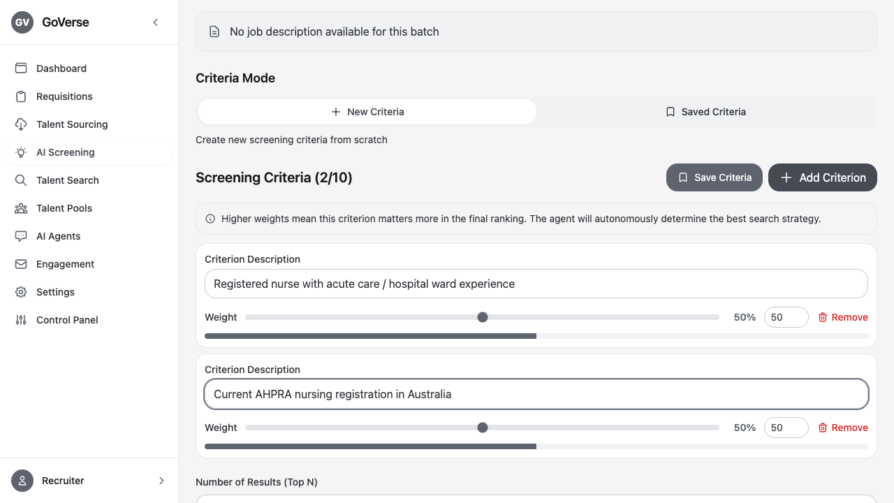 AI Screening — weighted criteria setup