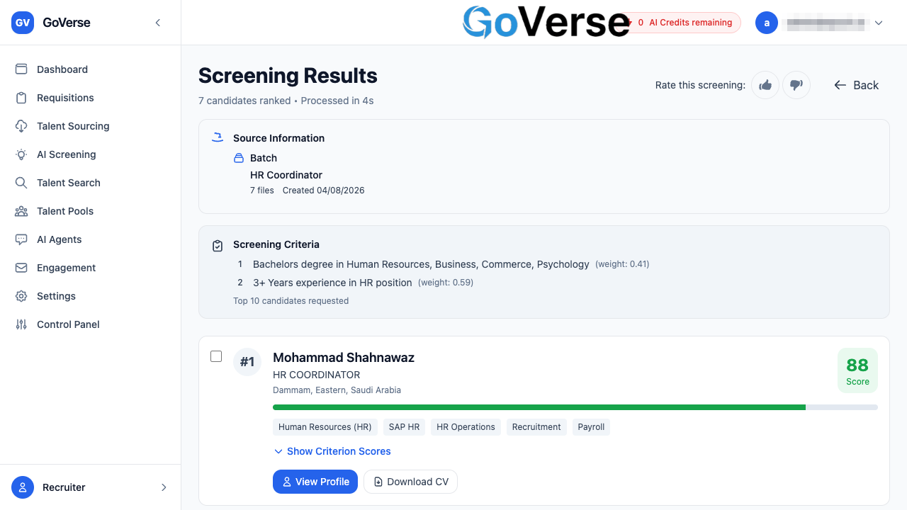 AI Screening results — ranked candidates with colour-coded scores
