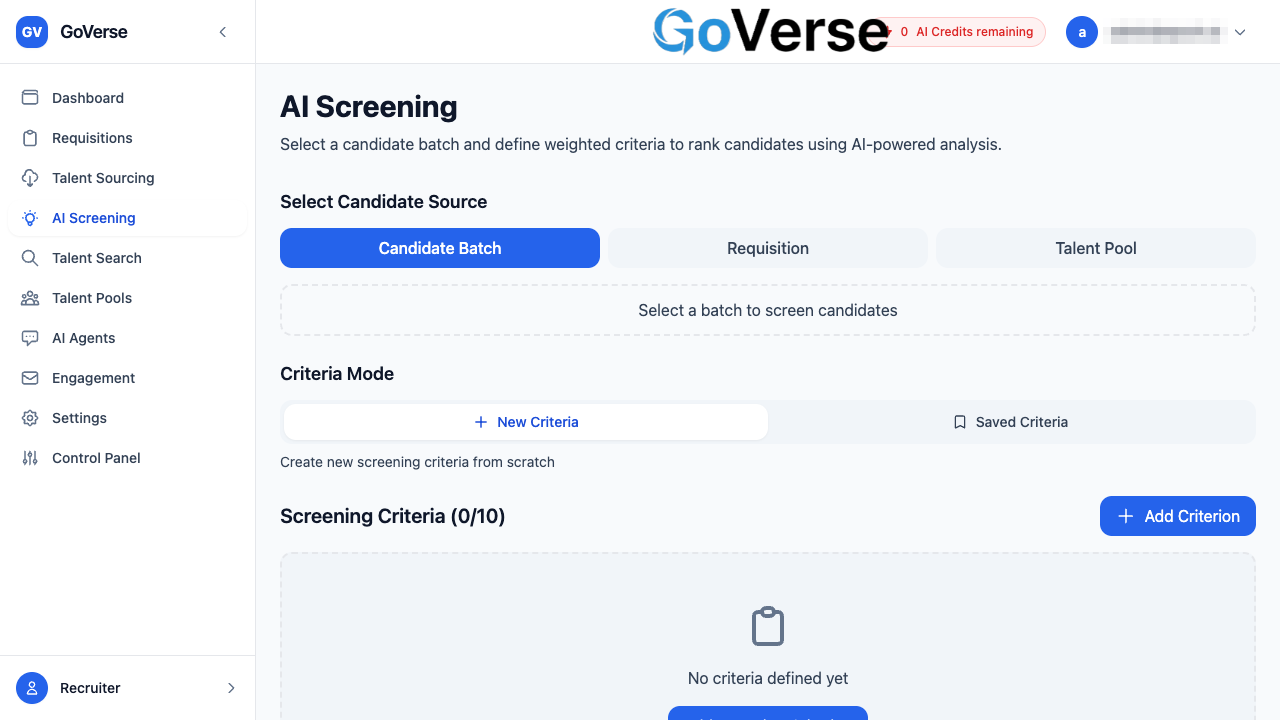 The AI Screening setup page — candidate source, criteria, and Start Screening