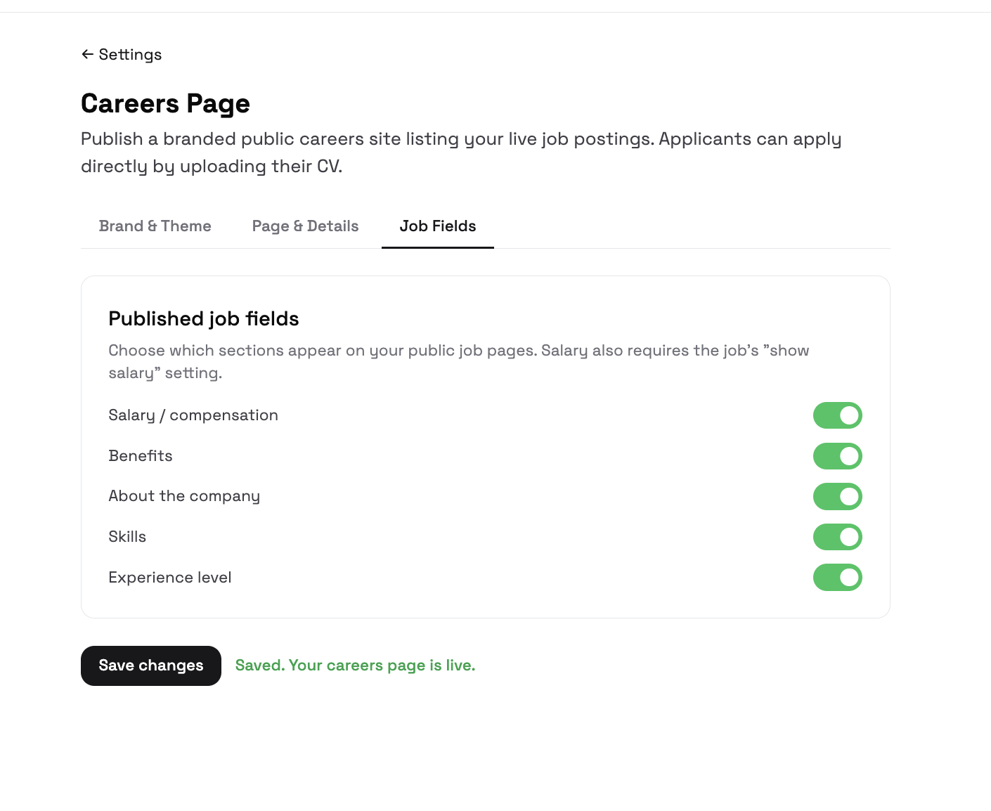 Job Fields — choose which sections show on public job pages