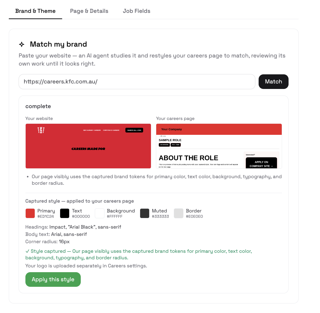 Match my brand — paste your website and AI restyles the careers page