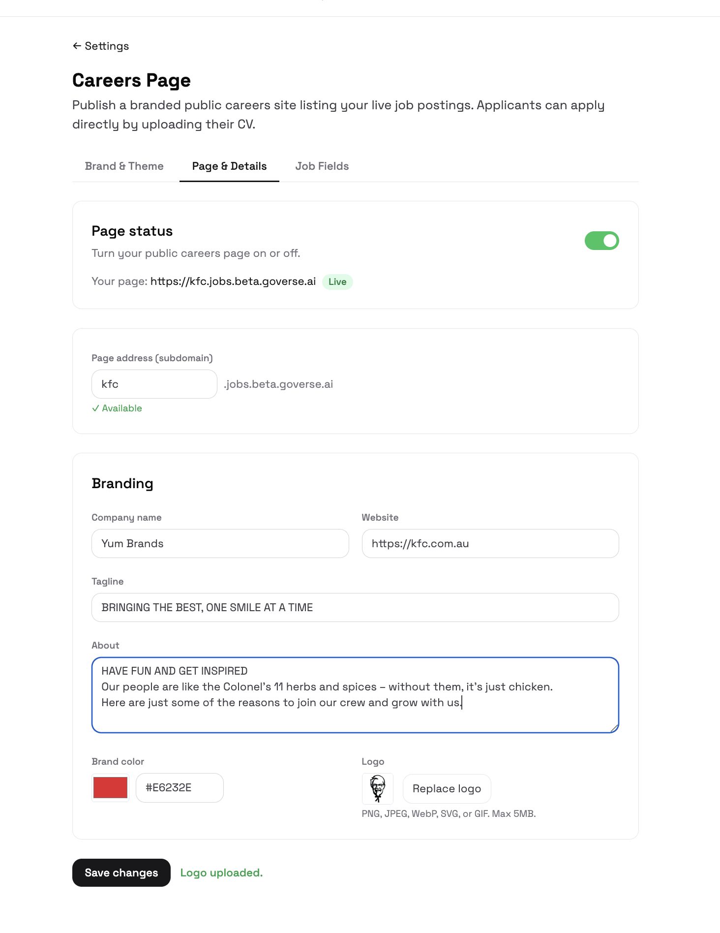 Page & Details — page status, subdomain, and company branding