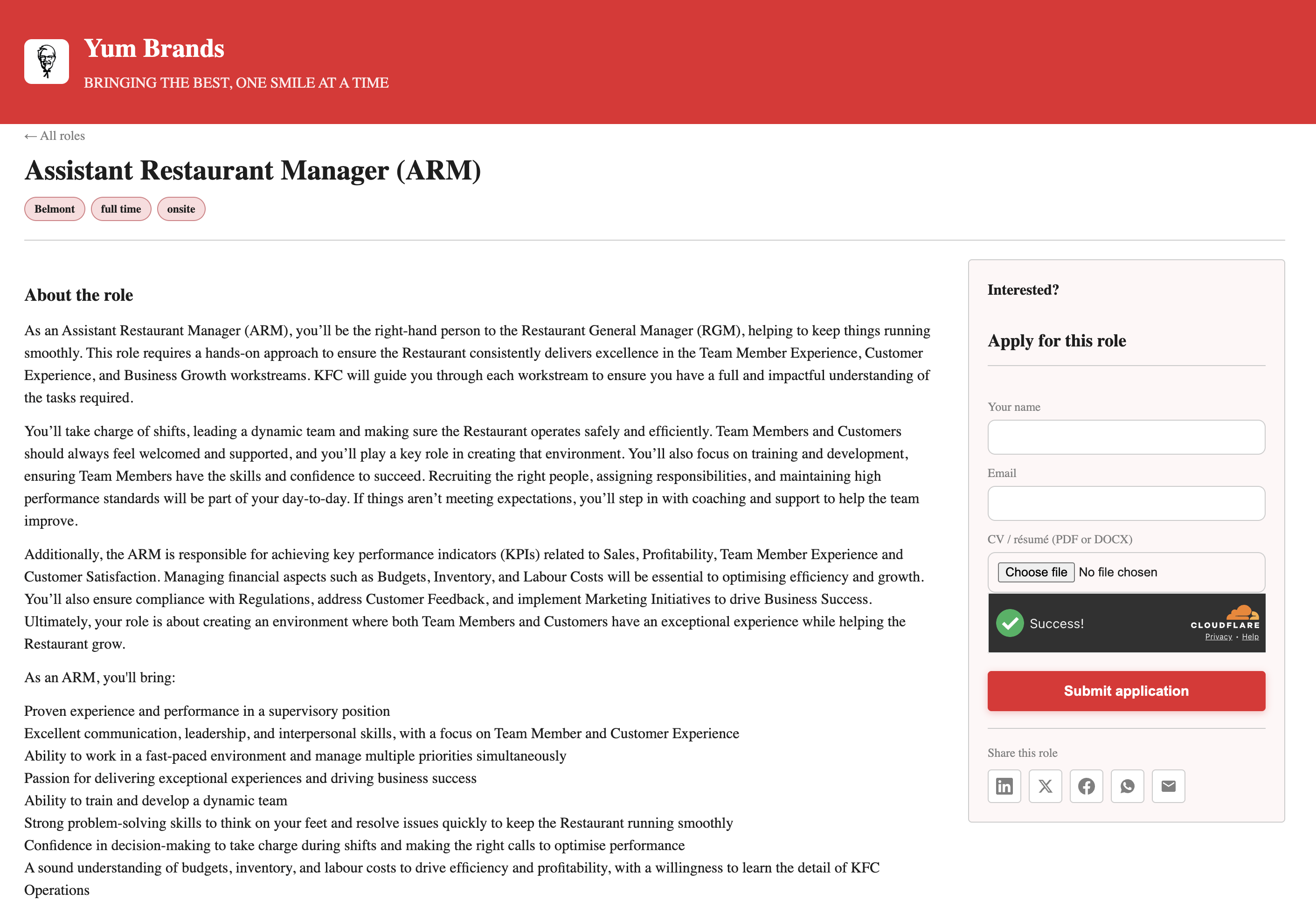 A public job detail page with the apply form