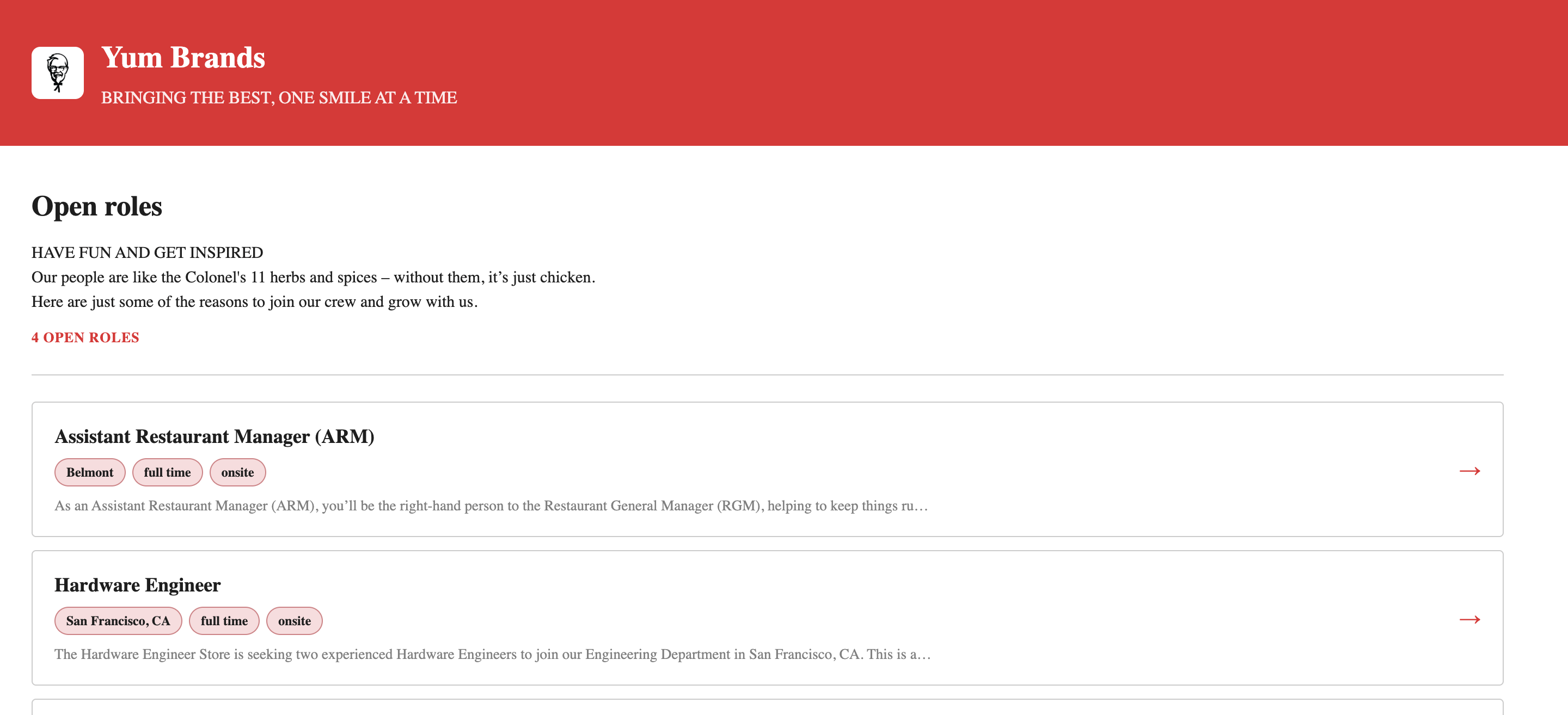 The public listing with branded header and open roles