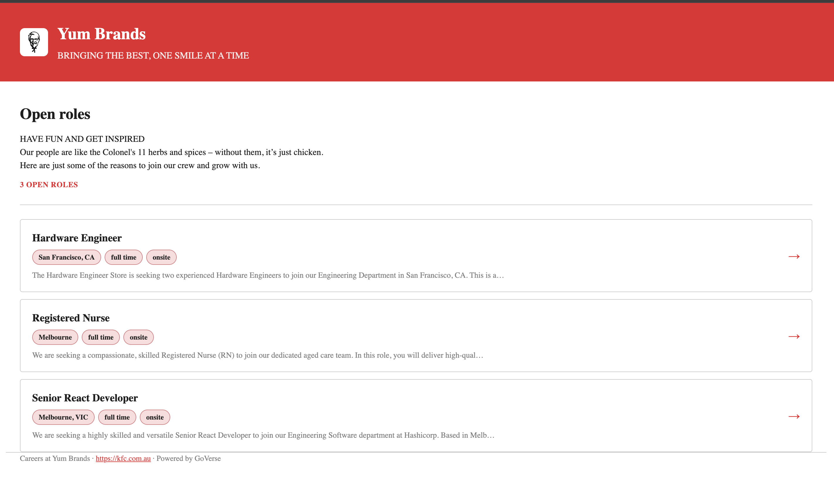 Your published careers site listing open roles