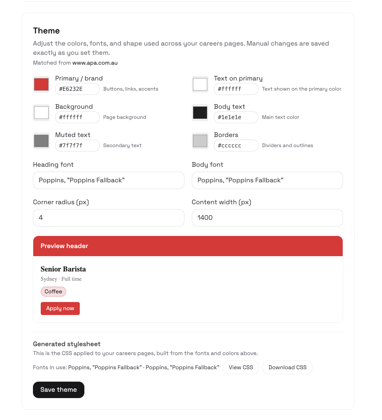 The Theme editor with colours, fonts, live preview, and Save theme
