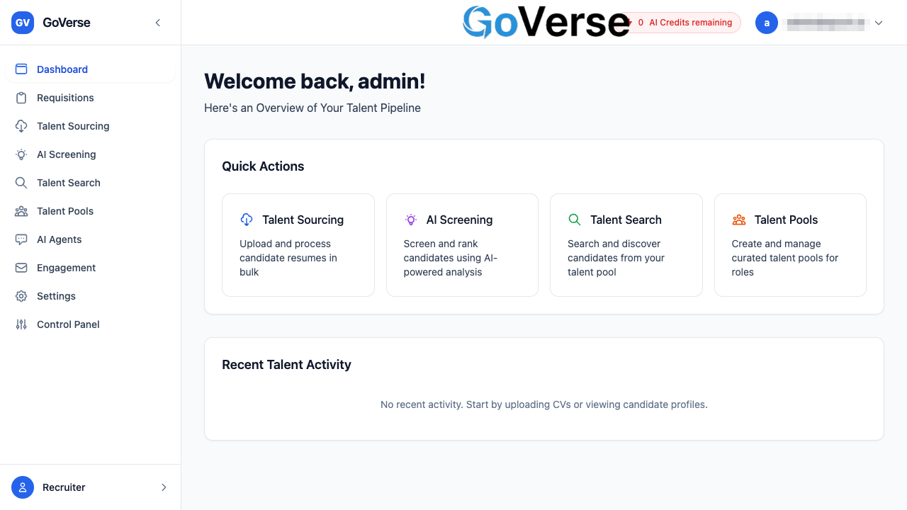 The GoVerse Dashboard — Quick Actions and Recent Talent Activity
