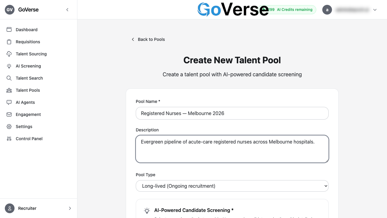 Create Talent Pool form