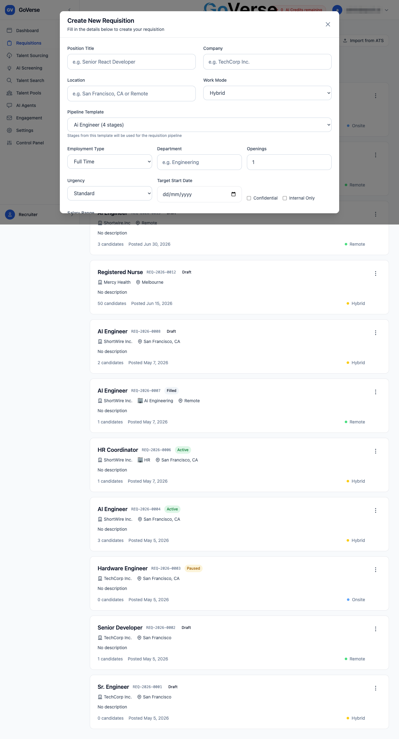 The Create New Requisition form