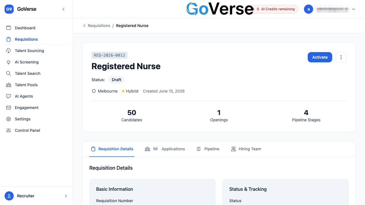A requisition's detail view — header, status, metric tiles and tabs