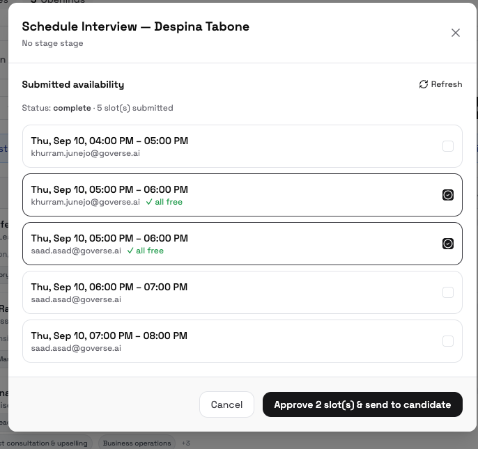 The approve-slots step: submitted interviewer times, "all free" checks, and Approve & send to candidate