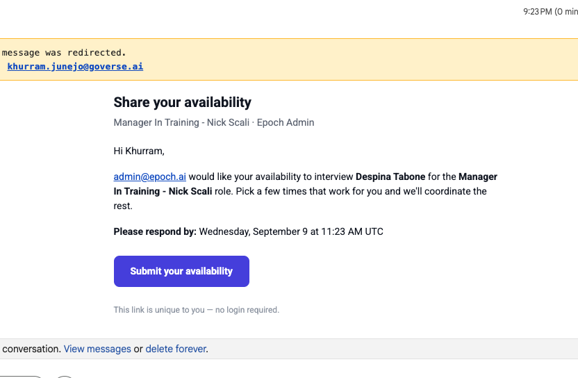 The email an interviewer receives asking them to share availability