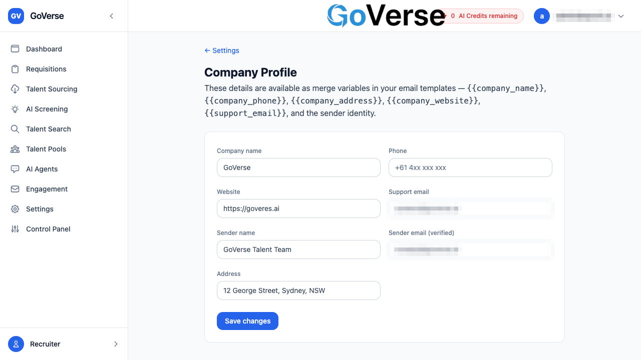 The Company Profile settings form