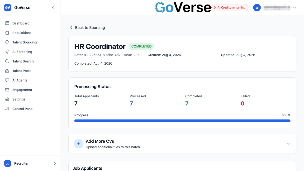 A completed sourcing batch — status, metrics and processed CVs