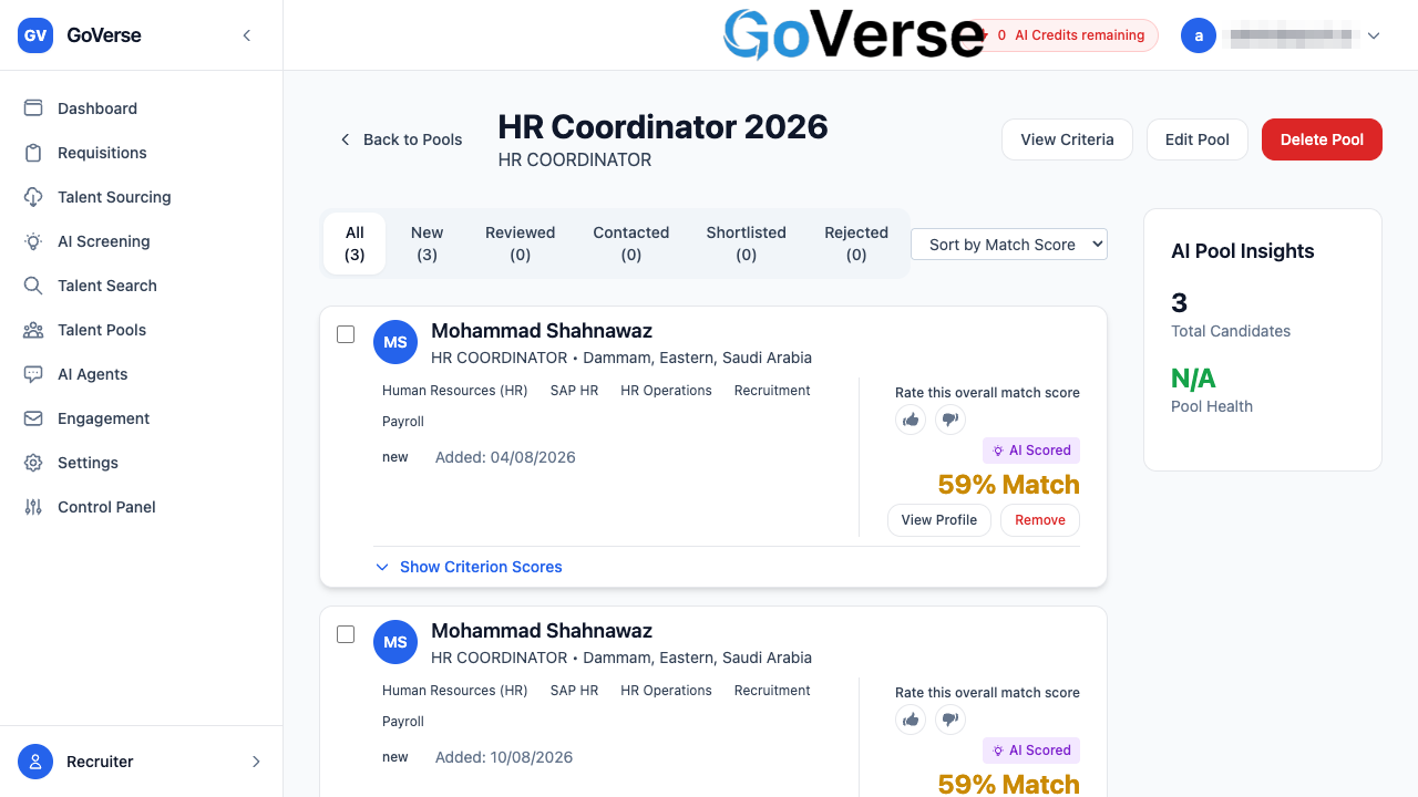 A talent pool's detail view with scored candidates
