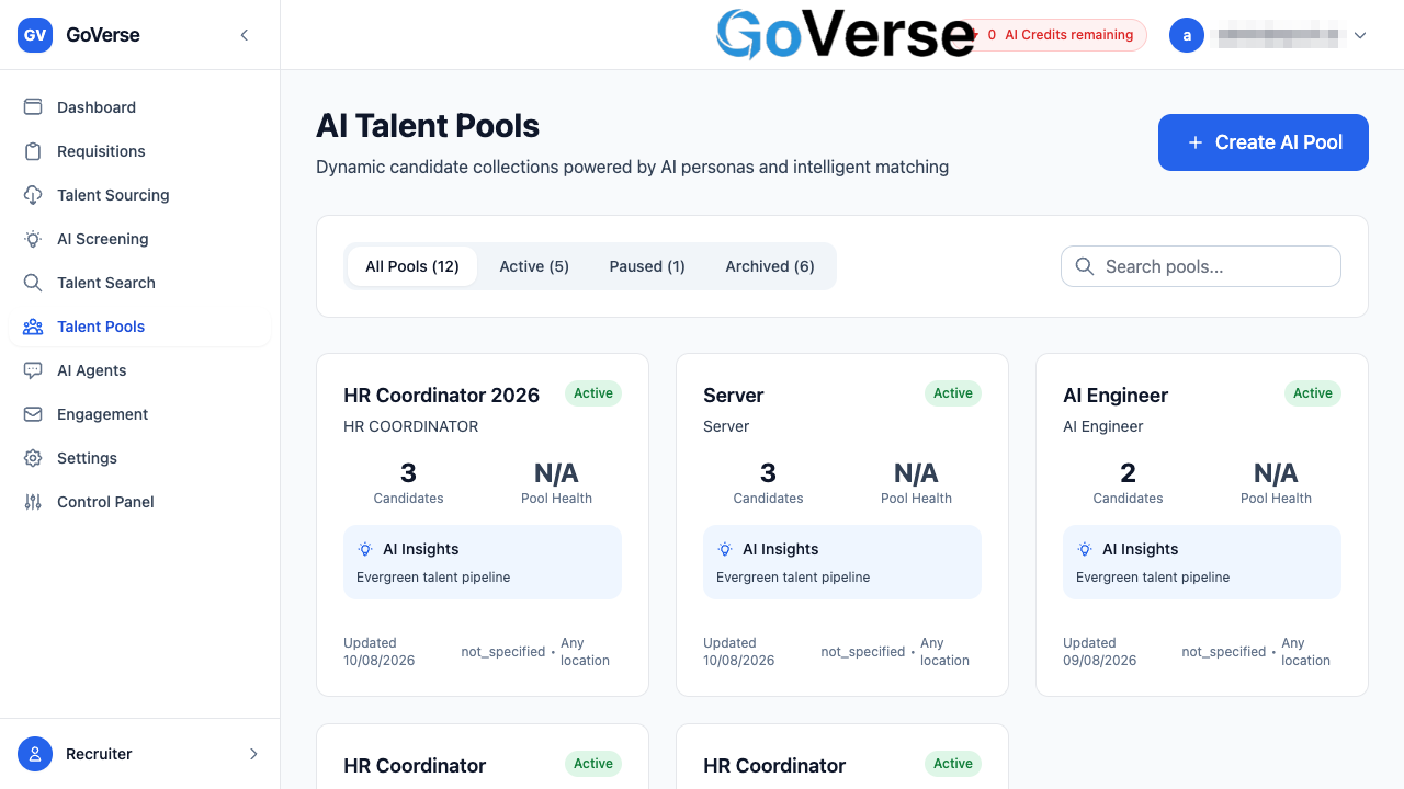 The Talent Pools grid with status filters and pool cards