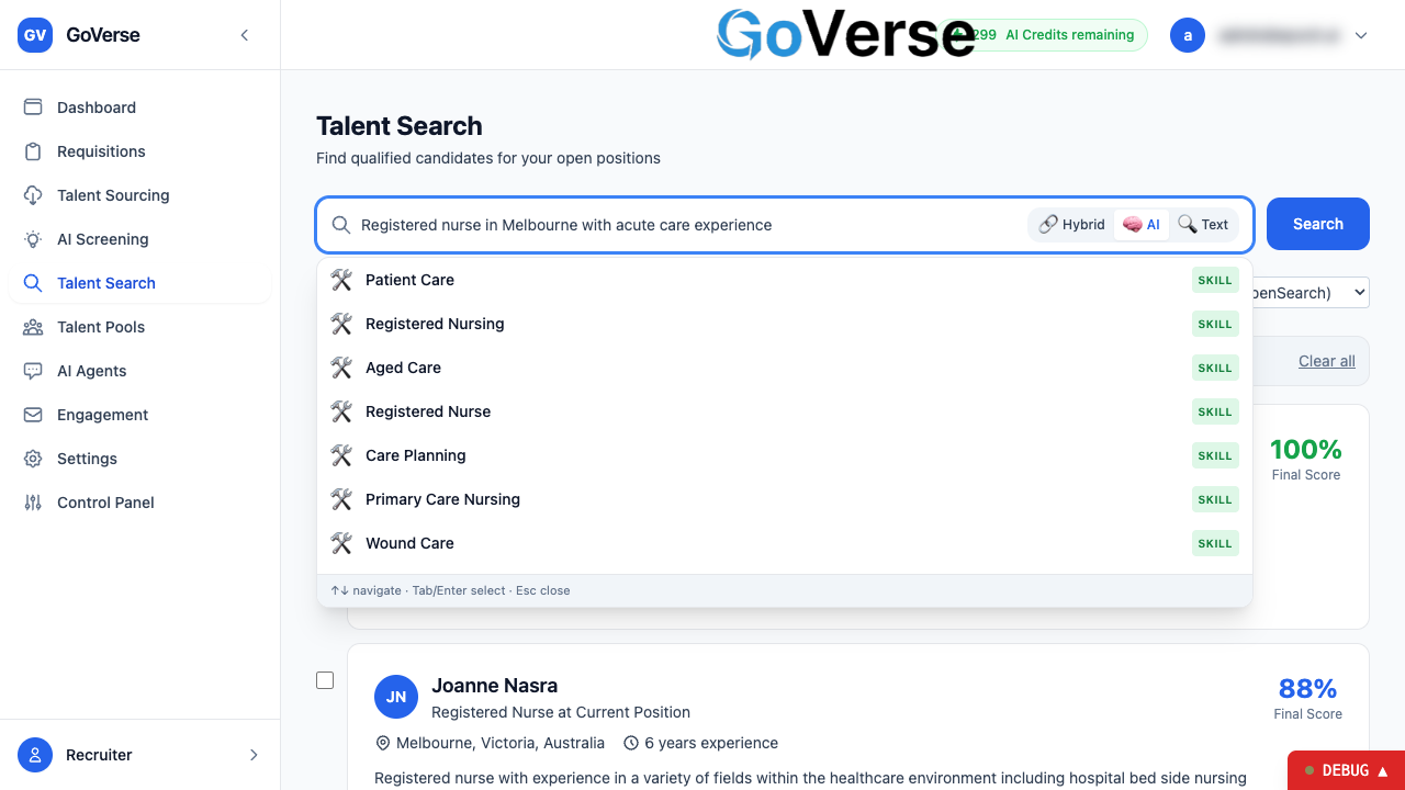 Talent Search autocomplete — skill/title suggestions