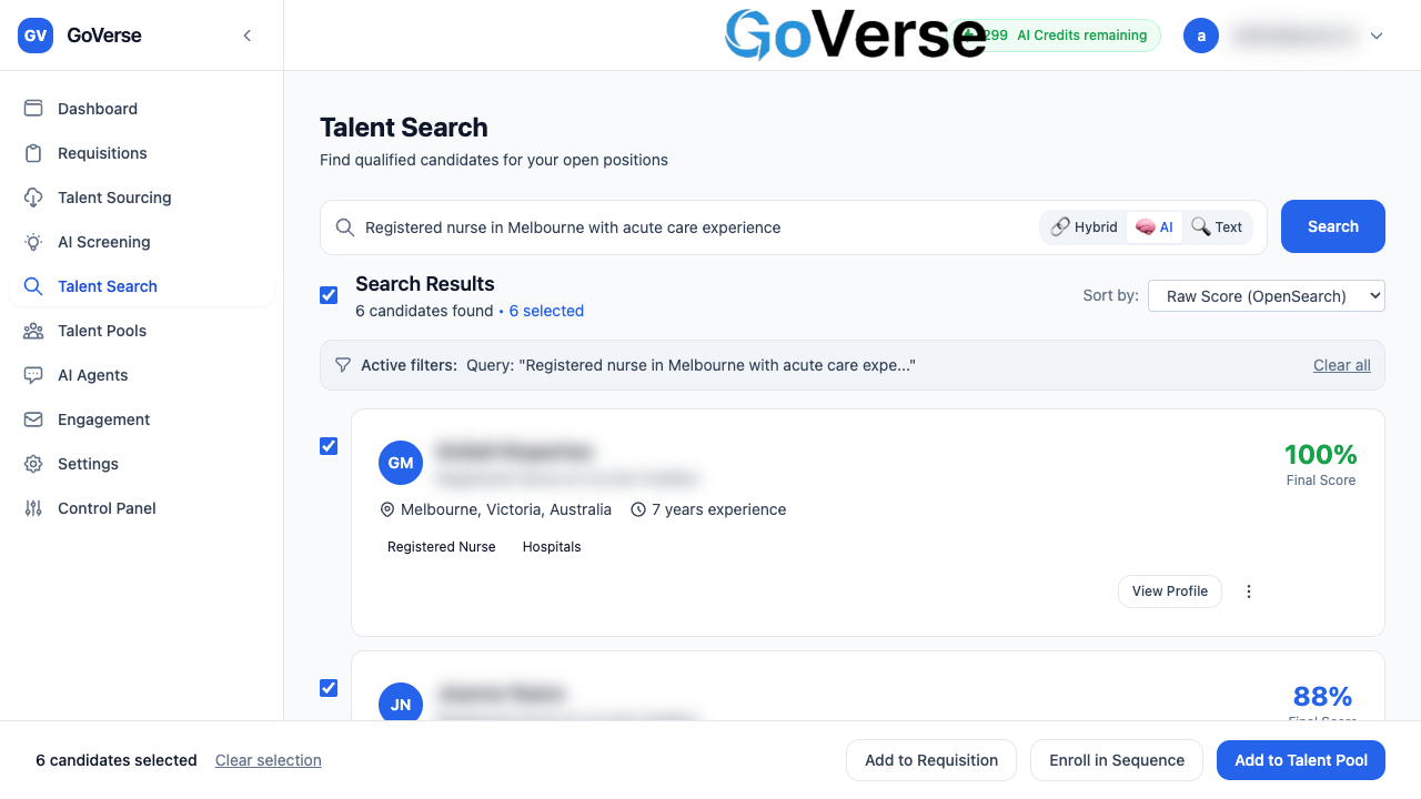 Talent Search bulk action bar