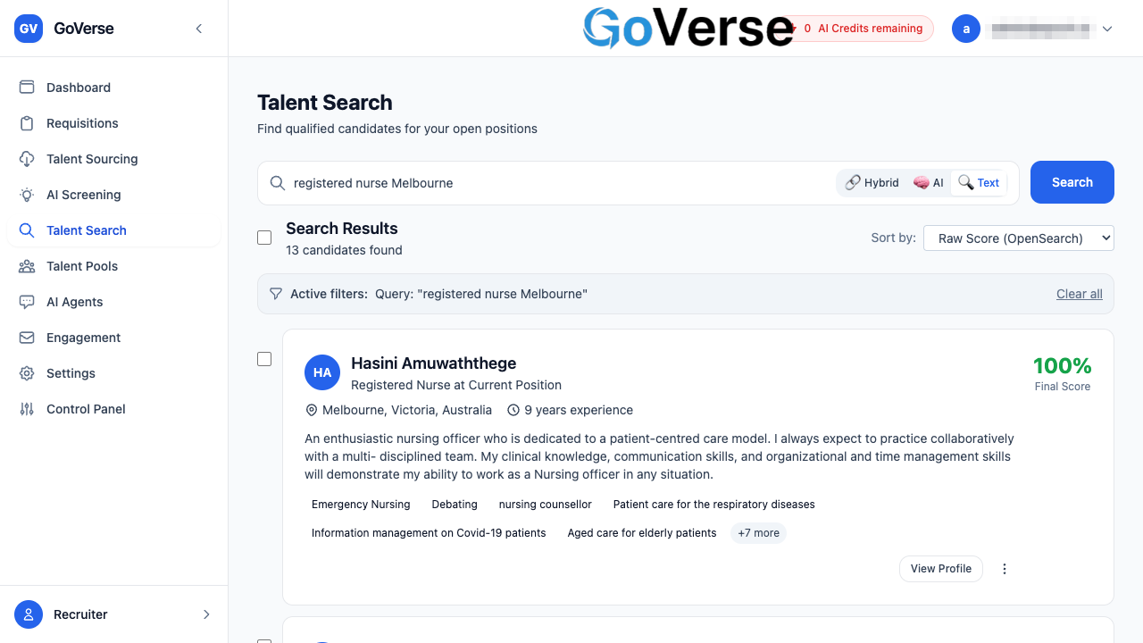 Talent Search results — candidate cards with match scores