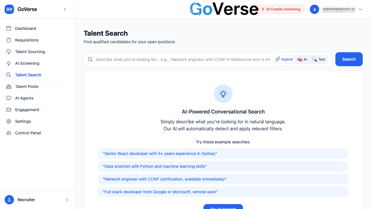 The Talent Search page with the query bar and example searches