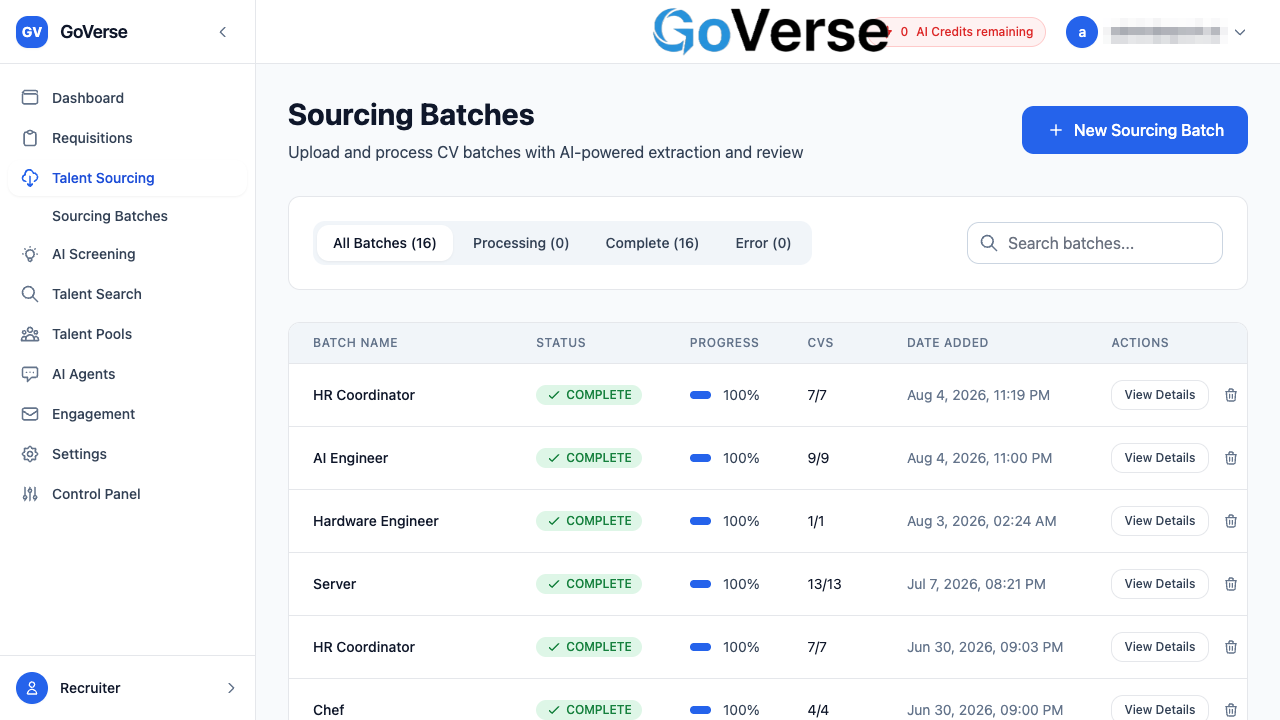 The Sourcing Batches list with status filters and per-batch progress